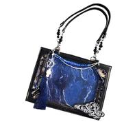 Women's bag, vintage shoulder bag - Chinese antique design with transparent window and large capacity of office commuting artistic tradition: highlighting textures of the, Black and Blue, Se référer à