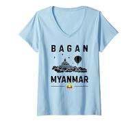 Womens Bagan Myanmar Flag Pagoda Temple Mandalay Hot-Air Balloon V-Neck T-Shirt