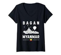 Womens Bagan Myanmar Flag Pagoda Temple Mandalay Hot-Air Balloon V-Neck T-Shirt