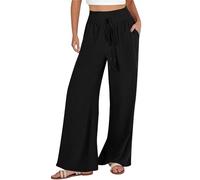Womens Baggy Baggy Pants Straight Cozy with Pocket Linen Pants Women Summer Wide Leg Pants Drawstring Elastic Waist Pants High Waisted Pants Casual Beach Trousers Shiny Pants (Black, S)