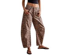 Women's Baggy Barrel Jeans Casual Boyfriend Mid Rise Leopard Printed Wide Leg Denim Pants(Brown,L)