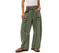 Womens Baggy Barrel Pants Wide Leg Lounge Drawstring Sweatpants with Pockets,Contrast Patchwork High Waist Pant,Summer Joggers (Green,M)