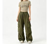 Women's Baggy Cargo Pants, High Waist Wide Leg Parachute Pants with Elastic Drawstring & Pockets