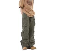 Women's Baggy Cargo Pants Y2K Clothing Multi-Pocket Relaxed Fit Jeans Fairy Grunge Clothes Alt Emo Streetwear, Army Green, Large