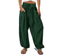 Womens Baggy Casual Cotton Linen Pants Loose Straight Wide Leg Lounge Cinch Bottom Jogger Sweatpants Harem Trousers Relaxed Fit Solid Comfy Work Slacks Ankle Pants with Pockets