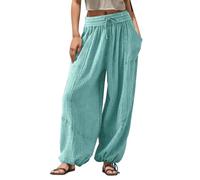 Womens Baggy Casual Cotton Linen Pants Loose Straight Wide Leg Lounge Cinch Bottom Jogger Sweatpants Harem Trousers Pull On Comfy Paper Bag Work Slacks Ankle Pants with Pockets Weekend-Relaxed Blue