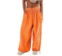Womens Baggy Casual Cotton Linen Work Utility Pants Loose Straight Wide Leg Lounge Cinch Bottom Jogger Sweatpants Harem Trousers Drawstring Comfy Pull On Paper Bag Cargo Pants with Pockets Orange