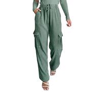 Womens Baggy Corduroy Cargo Pants Outdoor Combat Casual Work Utility Safety Trousers Elastic Waist Drawstring Comfy Loose Straight Leg Lounge Long Slacks with Flap-Pocket Green
