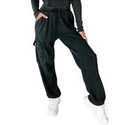 Womens Baggy Corduroy Cargo Pants Outdoor Combat Casual Work Utility Safety Trousers Elastic Waist Drawstring Comfy Loose Straight Leg Lounge Long Slacks with Flap-Pocket Black