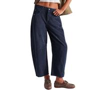 Women's Baggy Corduroy Pants Barrel Cropped Pants Elastic Mid Waist Cord Pants Work Business Casual Wide Leg Trouser (Navy Blue,L)