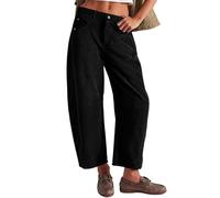 Women's Baggy Corduroy Pants Barrel Cropped Pants Elastic Mid Waist Cord Pants Work Business Casual Wide Leg Trouser (Black,L)