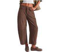 Women's Baggy Corduroy Pants Mid Rise Corduroy Vintage Barrel Pants Winter Elastic Waist Barrel Cropped Pants Work Business Retro Casual Wide Leg Baggy Trouser with Pockets (Brown,XXL)