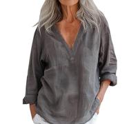 Women's Baggy Cotton Linen 3/4 Sleeve Tunic Top Casual Oversized Beach Blouse Polo Shirt Plus Size(Grey, L)