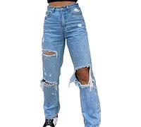 Women's Baggy Jeans Ripped Wide Leg Denim Pants High Waist Fashion Solid Color Irregular High Waist Flared Jeans Casual Pants Boyfriend Jeans (Color : Blue, Size : S)