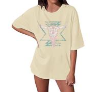 Women's Baggy T-Shirt with Cowboy Bull Head Print Tee Shirt Women's Short Sleeve Vintage Round Neck Top Women Casual Breathable Tops Elegant Tee Shirts, beige, XXL