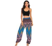 Women's Baggy Thai Fisherman Yoga Pants Peacock Feather Pattern High Waist Trousers Holiday Harem Hippie Trousers