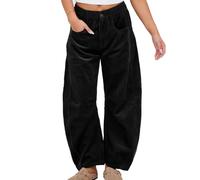 Women's Baggy Wide Leg Barrel Cord Trouser Mid-Rise Elastic Waist Corduroy Trousers Pants