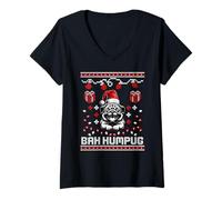 Womens Bah Humpug Holiday Ugly Xmas Pug Lover V-Neck T-Shirt
