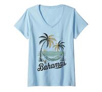 Womens Bahamas Beach Scene with Palm Trees and Hammock V-Neck T-Shirt