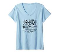 Women's Bailey Bros. Building & Loan Bedford Falls, NY Black Print V-Neck T-Shirt