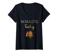 Womens Baking A Little Turkey Thanksgiving Pregnancy Announcement V-Neck T-Shirt