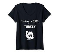 Womens Baking A Little Turkey Thanksgiving Pregnancy Announcement V-Neck T-Shirt