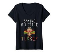 Womens Baking A Little Turkey Thanksgiving Pregnancy Announcement V-Neck T-Shirt