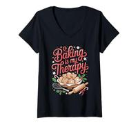Womens Baking Is My Therapy for Bakers and Cookie Fans Christmas V-Neck T-Shirt