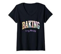 Women's Baking is My Therapy Funny Baking Lover Floral Word Design V-Neck T-Shirt