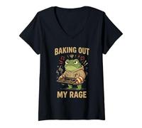 Women's Baking Out My Rage Funny Angry Frog Stress Baking V-Neck T-Shirt