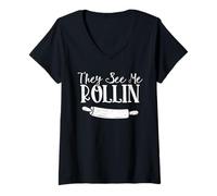 Women's Baking Rolling Pin Baker Pastry Chef Bakery Owner Distressed V-Neck T-Shirt