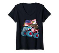 Womens Bald Eagle Monster Truck 4th of July Patriotic American Flag V-Neck T-Shirt