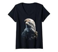 Women's Bald Eagle with Full Moon Moonlight Aesthetic Animal Art V-Neck T-Shirt