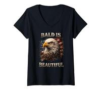 Women's Bald is Beautiful 4th of July Independence Day Eagle V-Neck T-Shirt