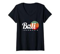 Womens Bali Beach Indonesia Vintage Retro Sunset Palm Tree 80s 90s V-Neck T-Shirt
