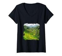 Women's Bali Rice Terraces Tropical Mountain Landscape Scene V-Neck T-Shirt