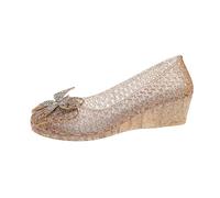 Women's Ballerina Sandals Slip on Wedges | Closed Toe Low Cut Cut Out Upper Shiny Openwork Upper Large Bow Rhinestone Bow Front Wedge Sole Chic Style for Going Out and Evening, 01 gold, 7 UK