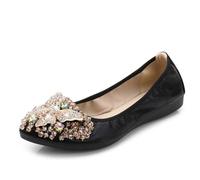 Women's Ballerinas Comfortable Butterfly Embellishments Pearls and Rhinestone Decorative Shoes Women's Comfort Chic Flat Pointed Toe Low Cut Soft Sole Elegant for Evening Daily Outings, 01 Black, 6 UK