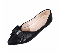 Women's Ballerinas Comfortable Small Heel Leather Metallic Shiny Bow Decorative Glitter Shoes Women's Comfort Chic Flat Pointed Toe Low Cut Style Elegant City Daily Dance, 01 Black, 4 UK