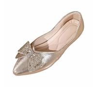 Women's Ballerinas Comfortable Small Heel Leather Metallic Shiny Bow Decorative Glitter Shoes Women's Comfort Chic Flat Pointed Toe Low Cut Style Elegant City Daily Dance, 01 Rose Gold, 9 UK