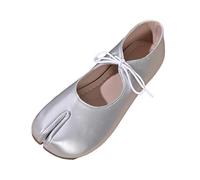 Women's Ballerinas Split Toe Tabi Style Babies Women's Shiny Metallic Leather Lace-up Tie On The Neck-Toe Low Opening Flat Sole Soft Minimalist Style Ballet Dance Shoes, 01 Silver, 9 UK