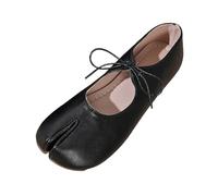 Women's Ballerinas Split Toe Tabi Style Babies Women's Shiny Metallic Leather Lace-up Tie On The Neck-Toe Low Opening Flat Sole Soft Minimalist Style Ballet Dance Shoes, 01 Black, 7 UK