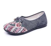 Women's Ballerinas Without Laces Floral Print Shoes Comfort Chic Contrasting Pattern Small Bow Decorative Slip On Flat Sole Retro for City Leisure Daily, 01 Grey, 9 UK