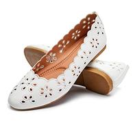 Women's Ballet Flats Black PU Leather Dress Shoes Comfortable Round Toe Slip on Flats with Breathable Eyelets, White, 3 UK