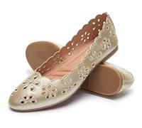 Women's Ballet Flats Black PU Leather Dress Shoes Comfortable Round Toe Slip on Flats with Breathable Eyelets, Gold, 9 UK
