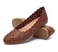 Women's Ballet Flats Black PU Leather Dress Shoes Comfortable Round Toe Slip on Flats with Breathable Eyelets, Brown, 2 UK