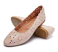 Women's Ballet Flats Black PU Leather Dress Shoes Comfortable Round Toe Slip on Flats with Breathable Eyelets, Pink, 9 UK