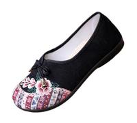 Women's Ballet Flats Canvas Bow Embroidery Slip-On Round Toe Work Shoes | Canvas fabric upper, bow embroidery, round toe, slip-on flat sole, lightweight build, office, walking, travel, daily wear