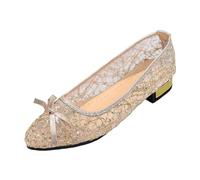 Women's Ballet Flats Comfortable Small Heel Lace Fishnet Openwork Bow Decorative Shoes Women Comfort Chic Dressy Pointed Toe Low Collar Style Elegant City Office Daily Outings, 01 gold, 6 UK