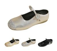 Women's Ballet Flats Mary Jane Shoes, Round Toe Comfortable Dressy Thick Slippers Casual Sequins Slip-on Daily Soft Leather Flat Shoes with Ankle Strap Silver